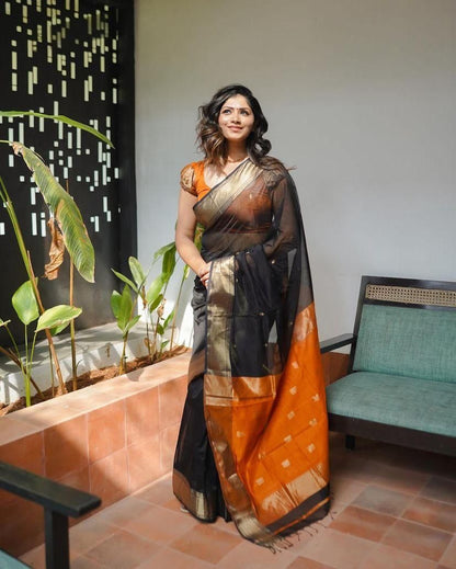 Flamboyant Black Cotton Silk Saree