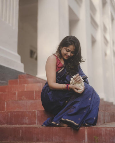 Exquisite Navy Blue Cotton Silk Saree