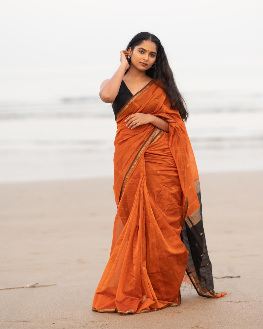 Unique Orange Cotton Silk Saree