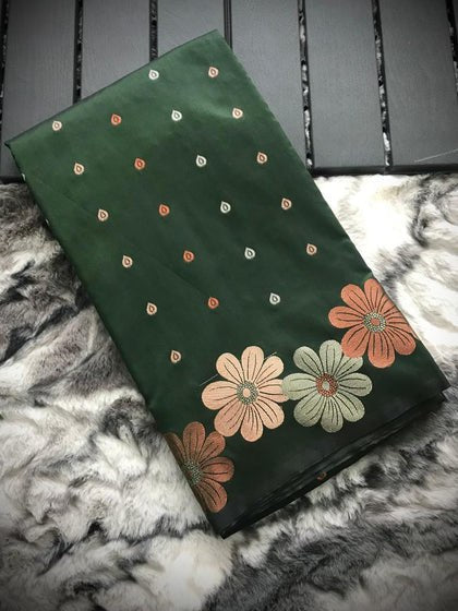 Energetic Dark Green Soft Banarasi Silk Saree