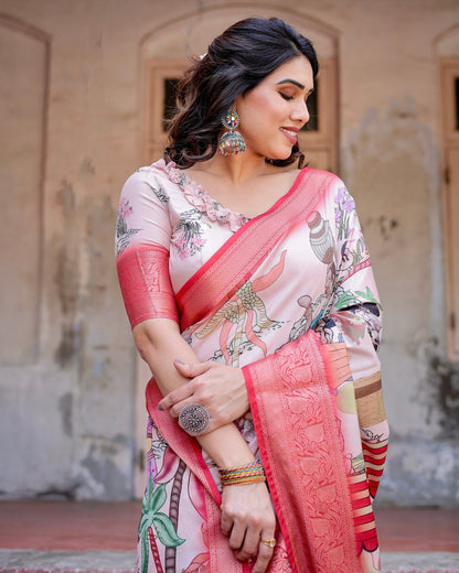 Peach Floral Printed Cotton Silk Saree