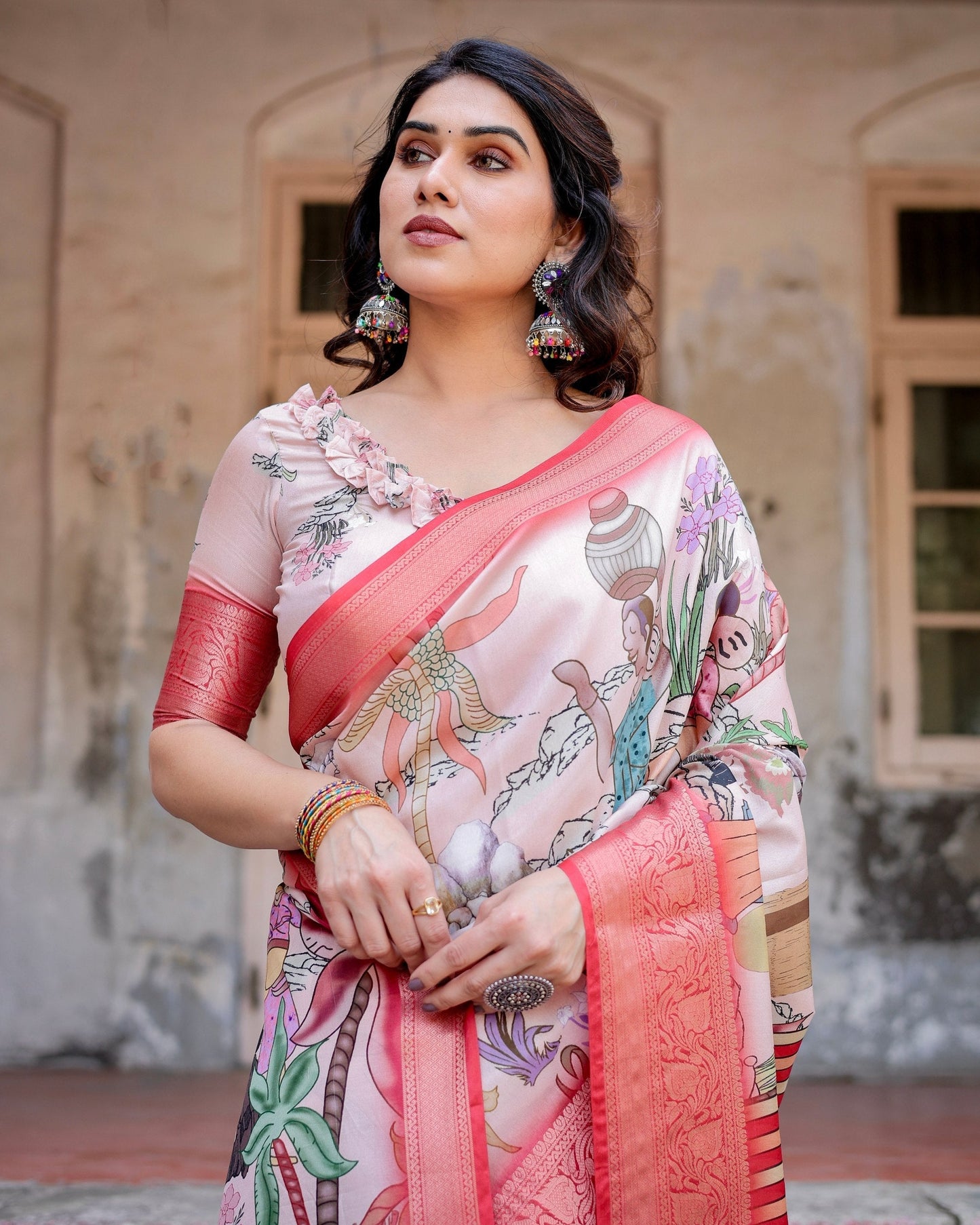Peach Floral Printed Cotton Silk Saree
