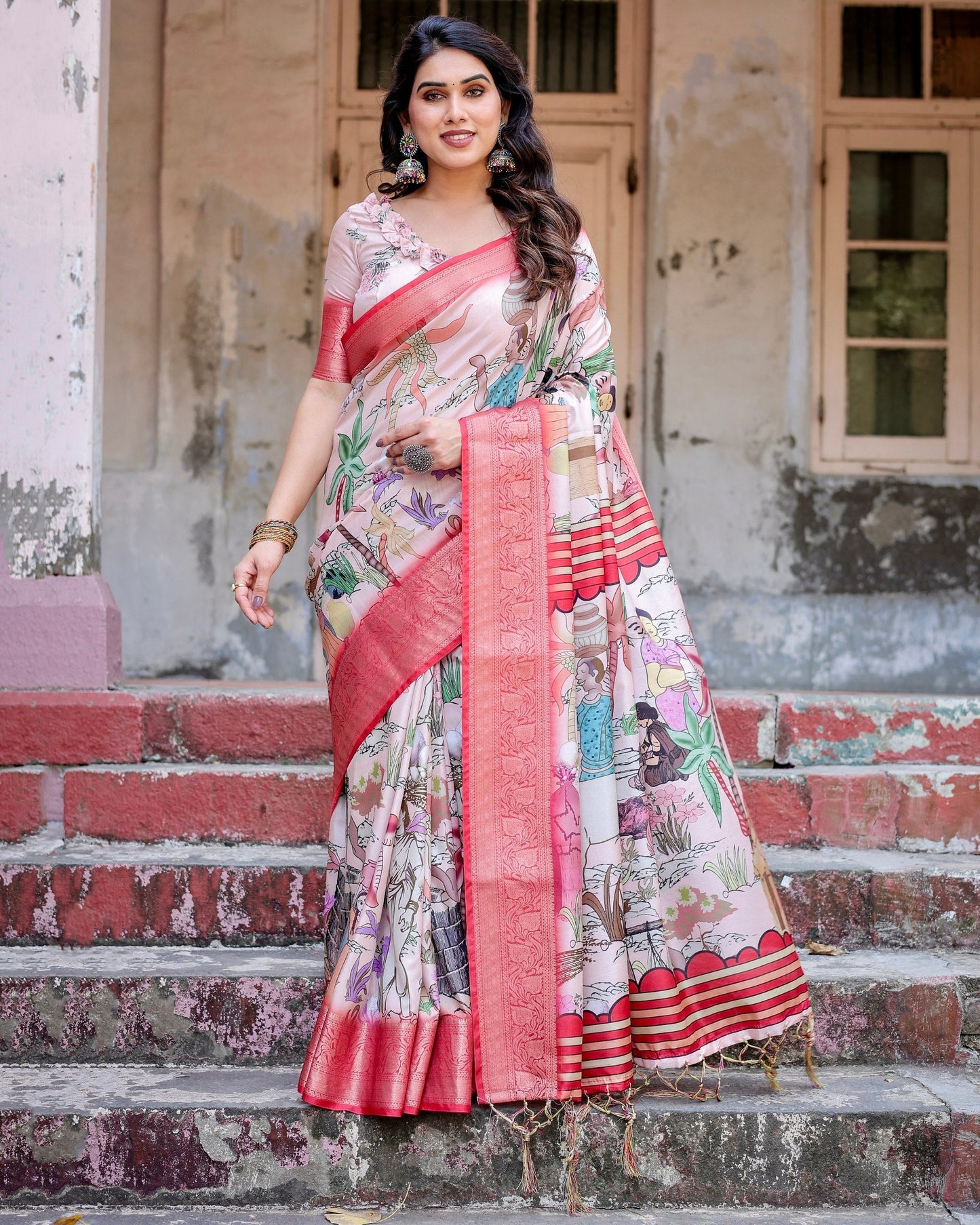 Peach Floral Printed Cotton Silk Saree