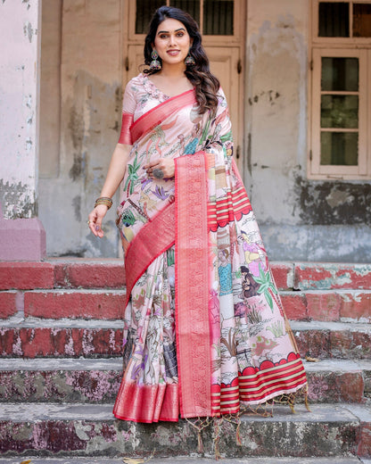 Peach Floral Printed Cotton Silk Saree