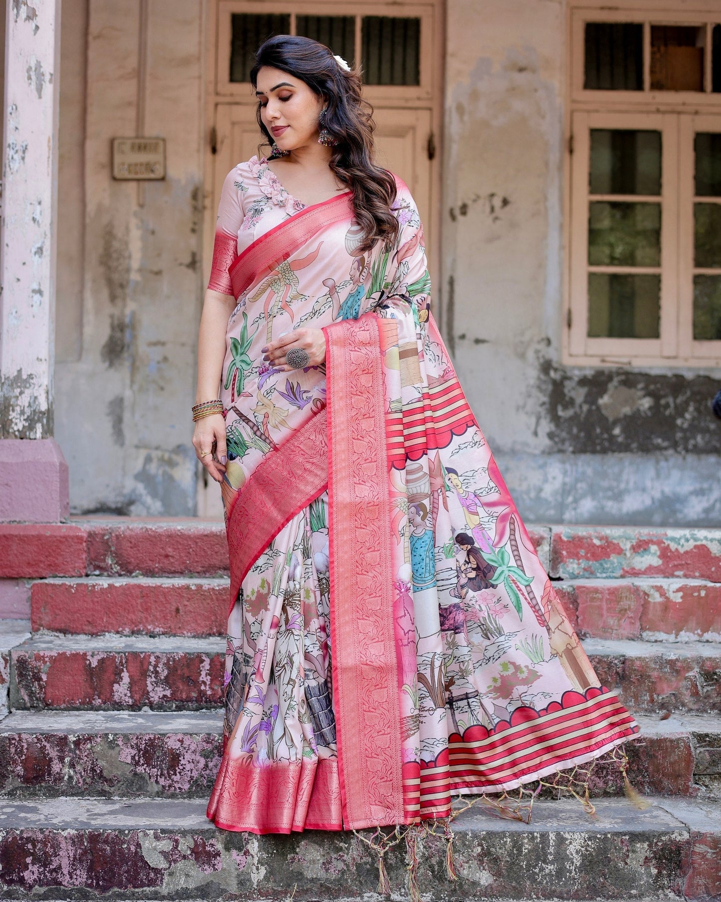 Peach Floral Printed Cotton Silk Saree
