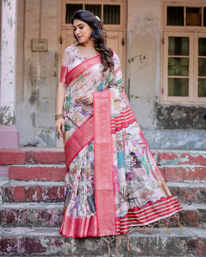 Peach Floral Printed Cotton Silk Saree