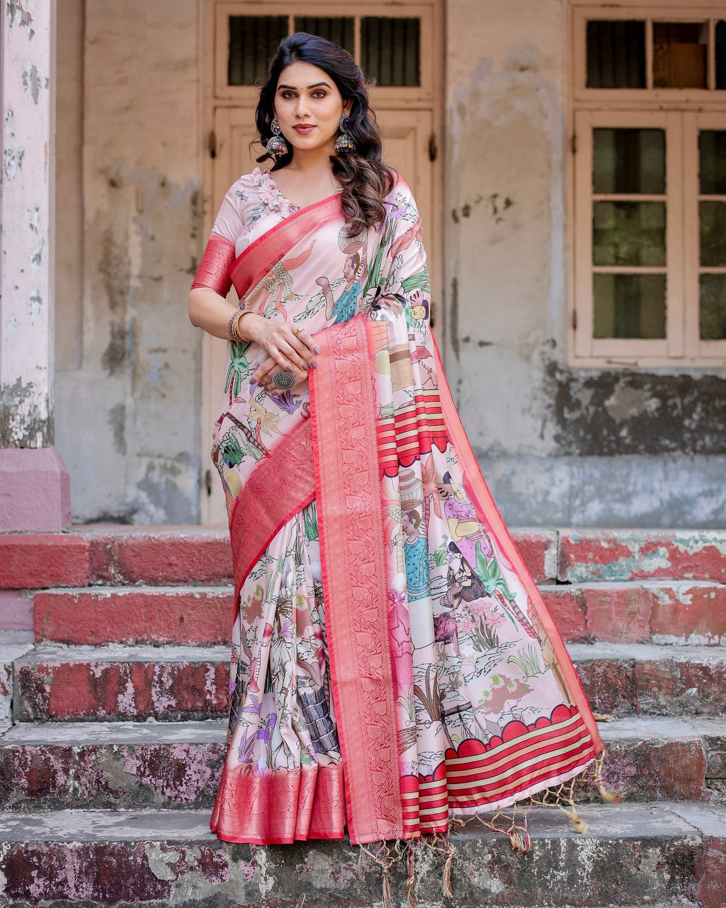 Peach Floral Printed Cotton Silk Saree