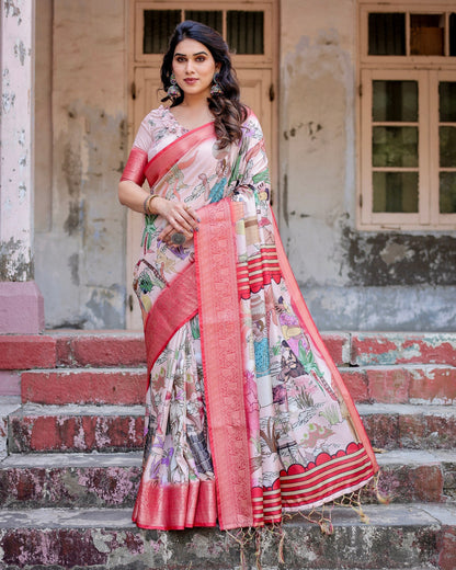 Peach Floral Printed Cotton Silk Saree