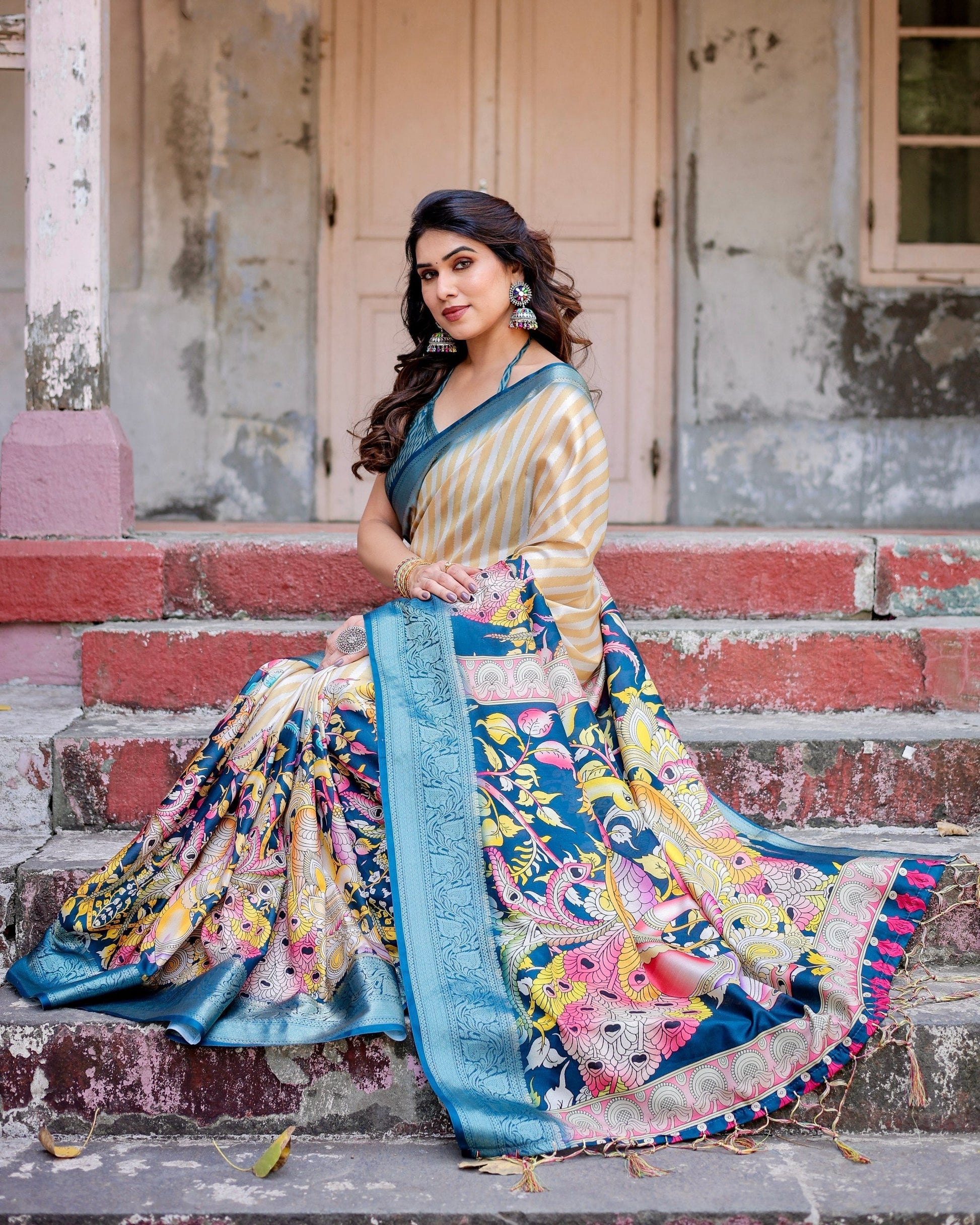 White With Sky Blue Floral Printed Cotton Silk Saree