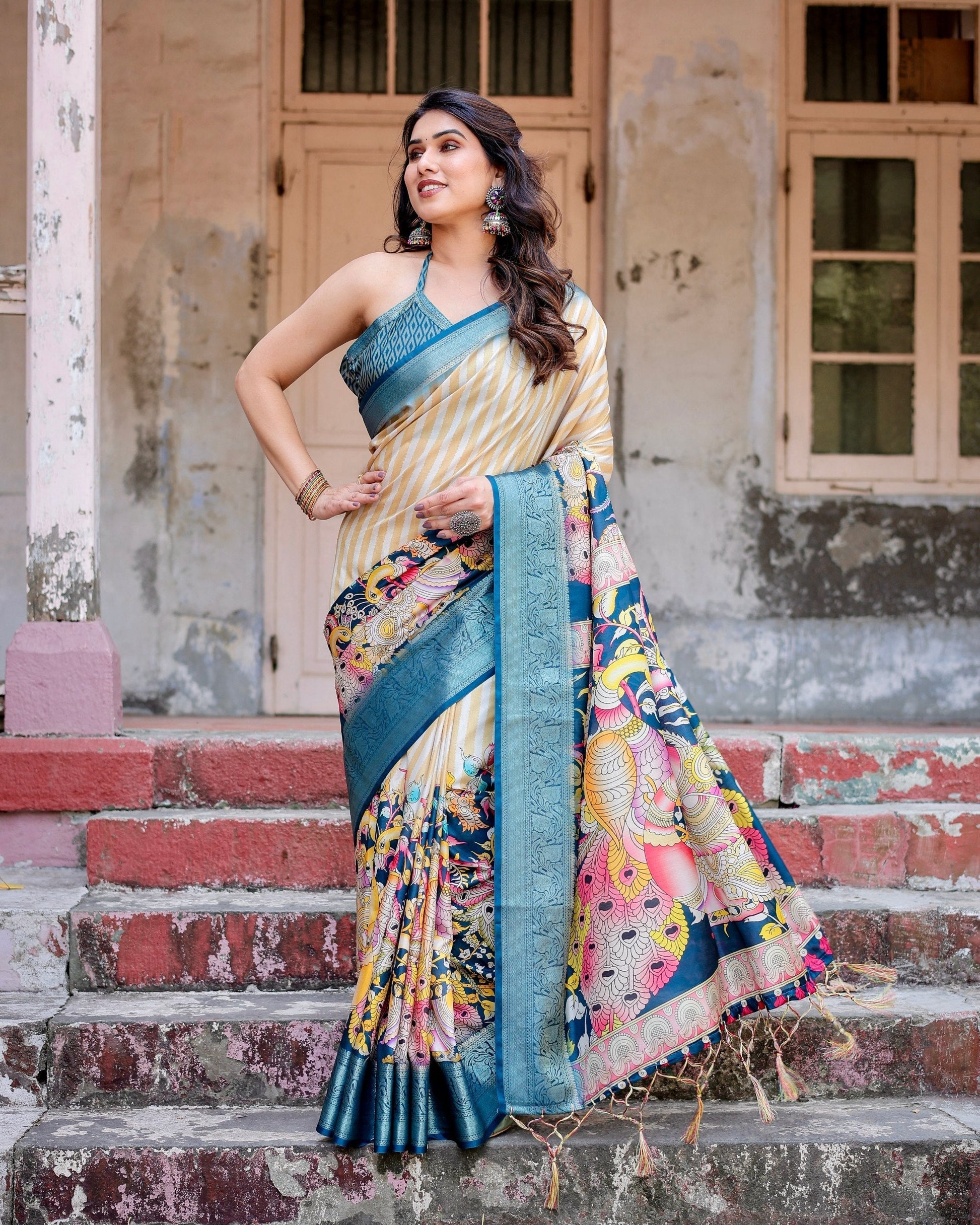 White With Sky Blue Floral Printed Cotton Silk Saree