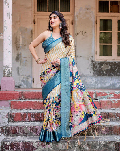White With Sky Blue Floral Printed Cotton Silk Saree