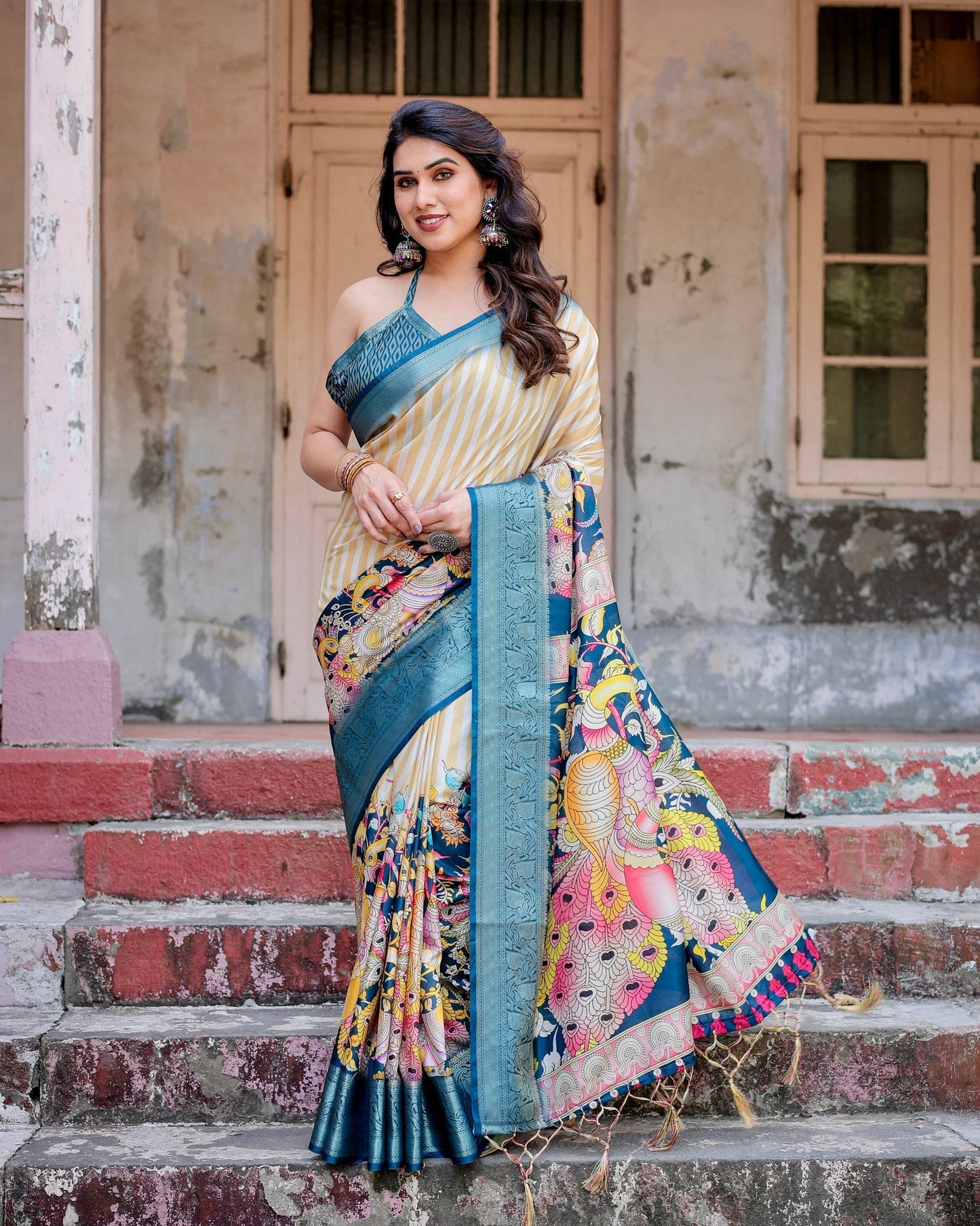 White With Sky Blue Floral Printed Cotton Silk Saree