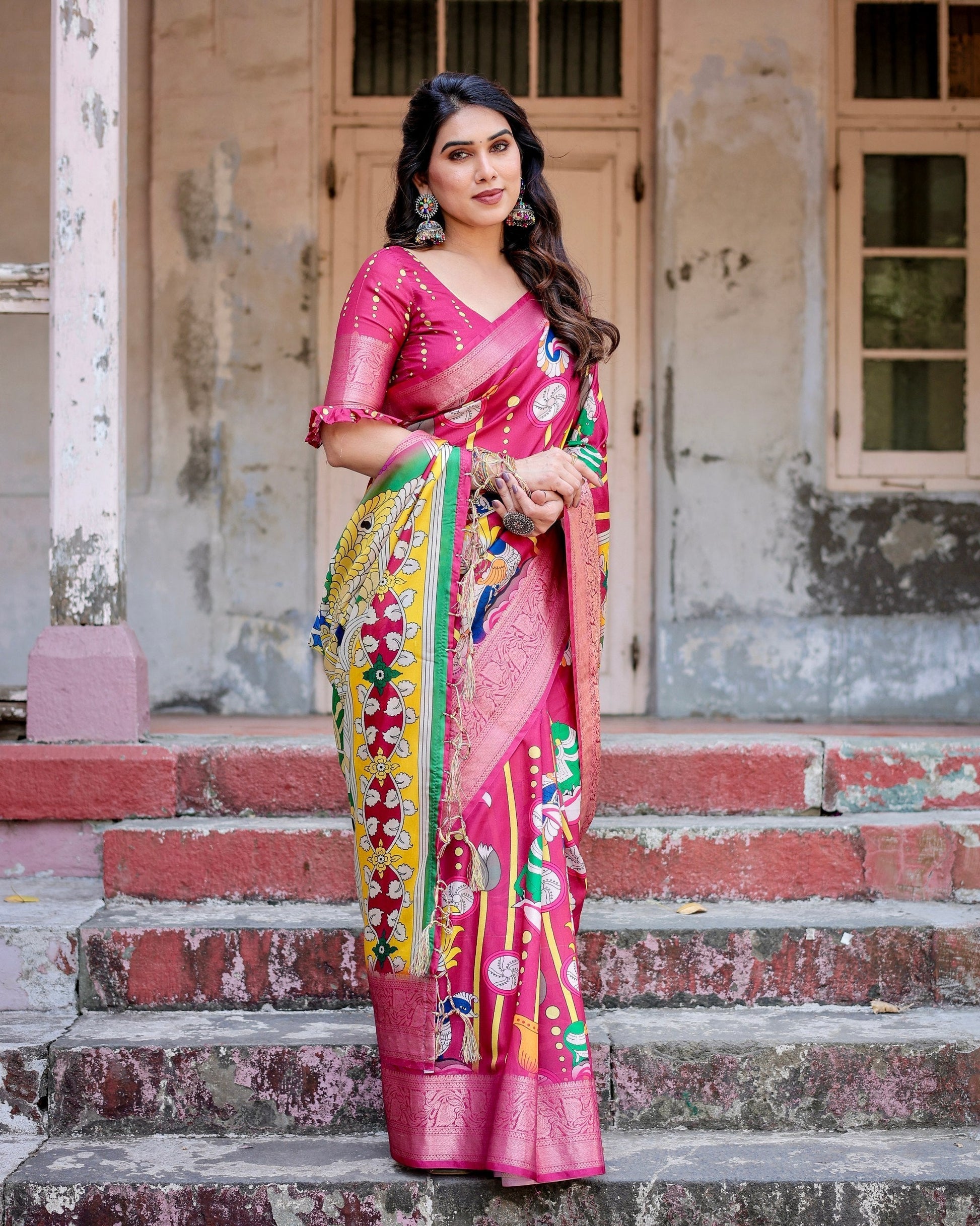 Dark Pink Floral Printed Cotton Silk Saree