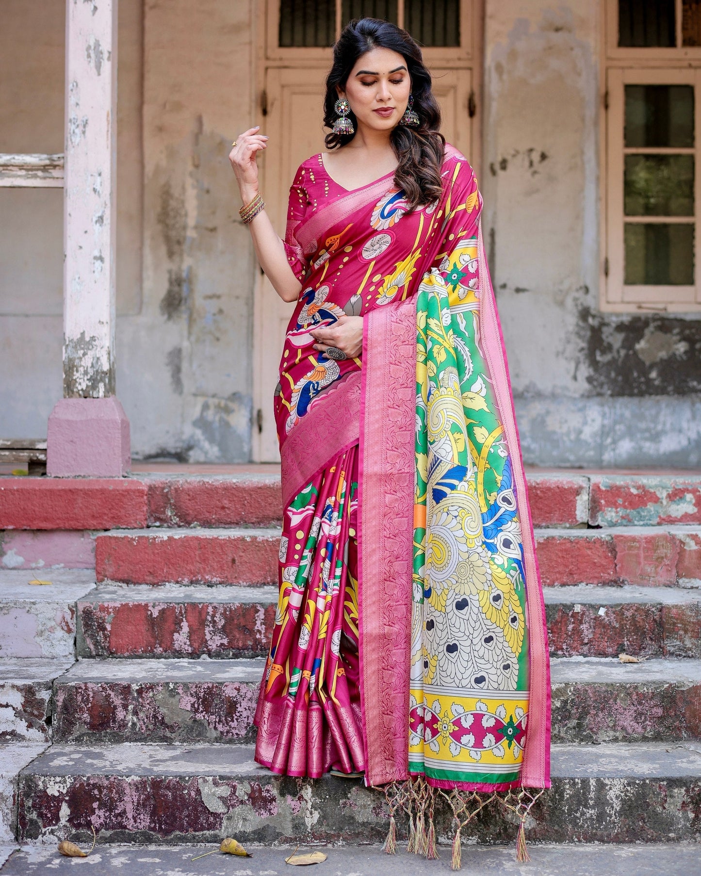 Dark Pink Floral Printed Cotton Silk Saree