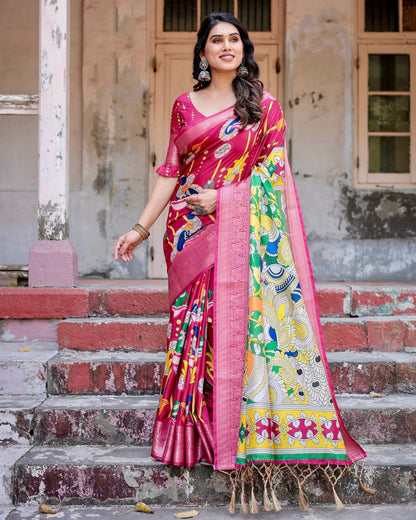 Dark Pink Floral Printed Cotton Silk Saree