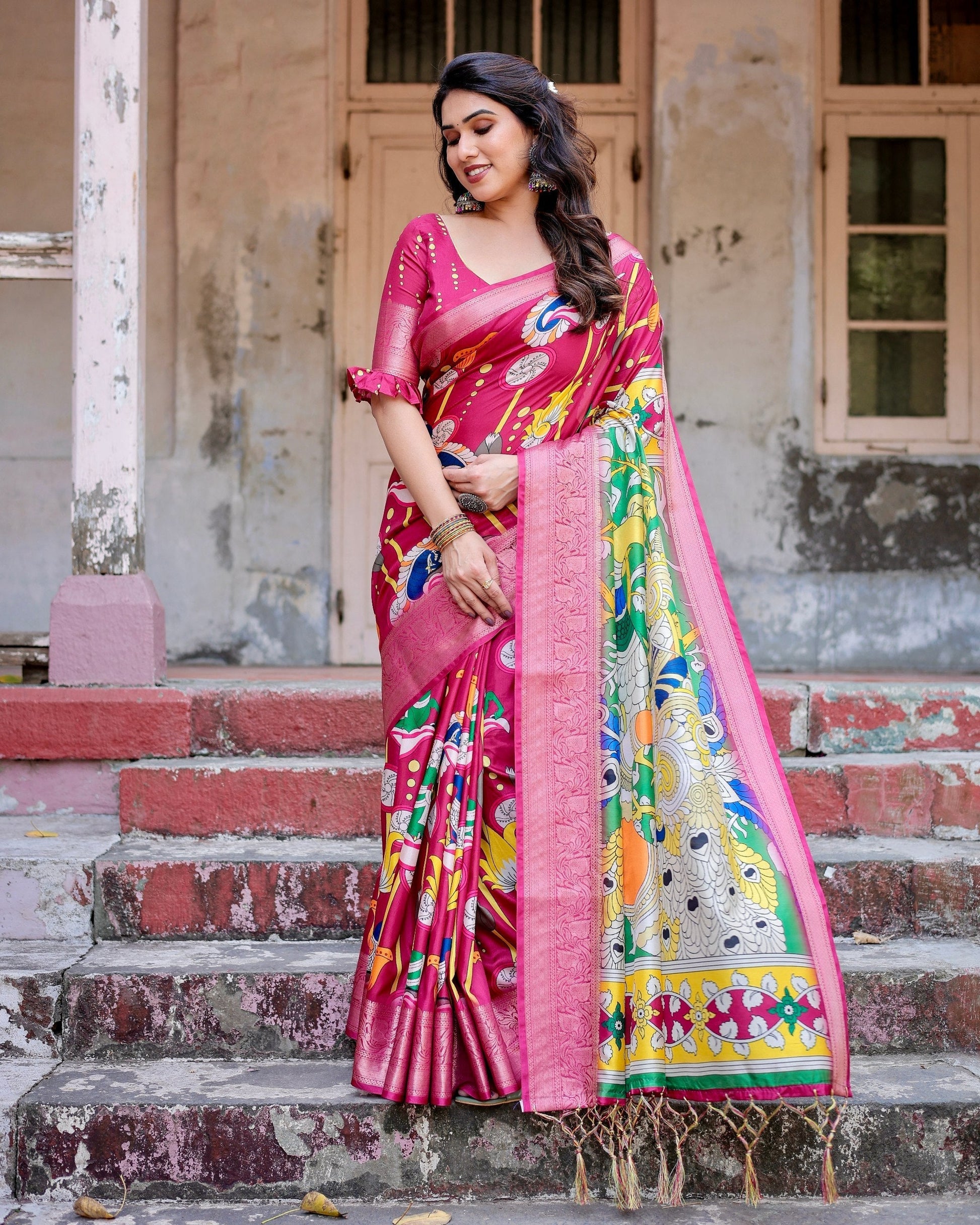 Dark Pink Floral Printed Cotton Silk Saree