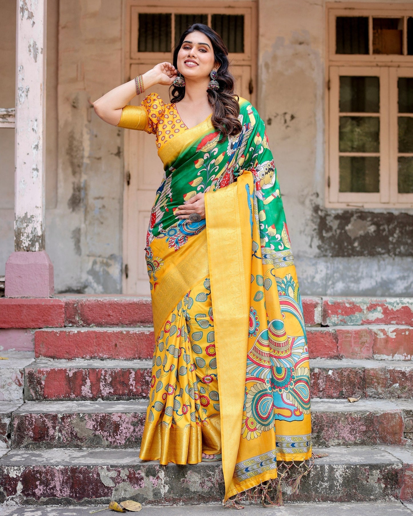 Green With Yellow Floral Printed Cotton Silk Saree