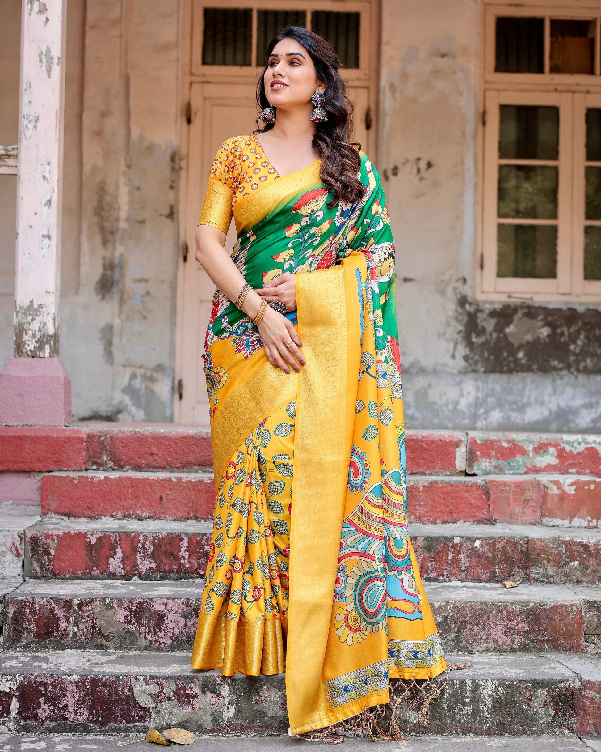 Green With Yellow Floral Printed Cotton Silk Saree