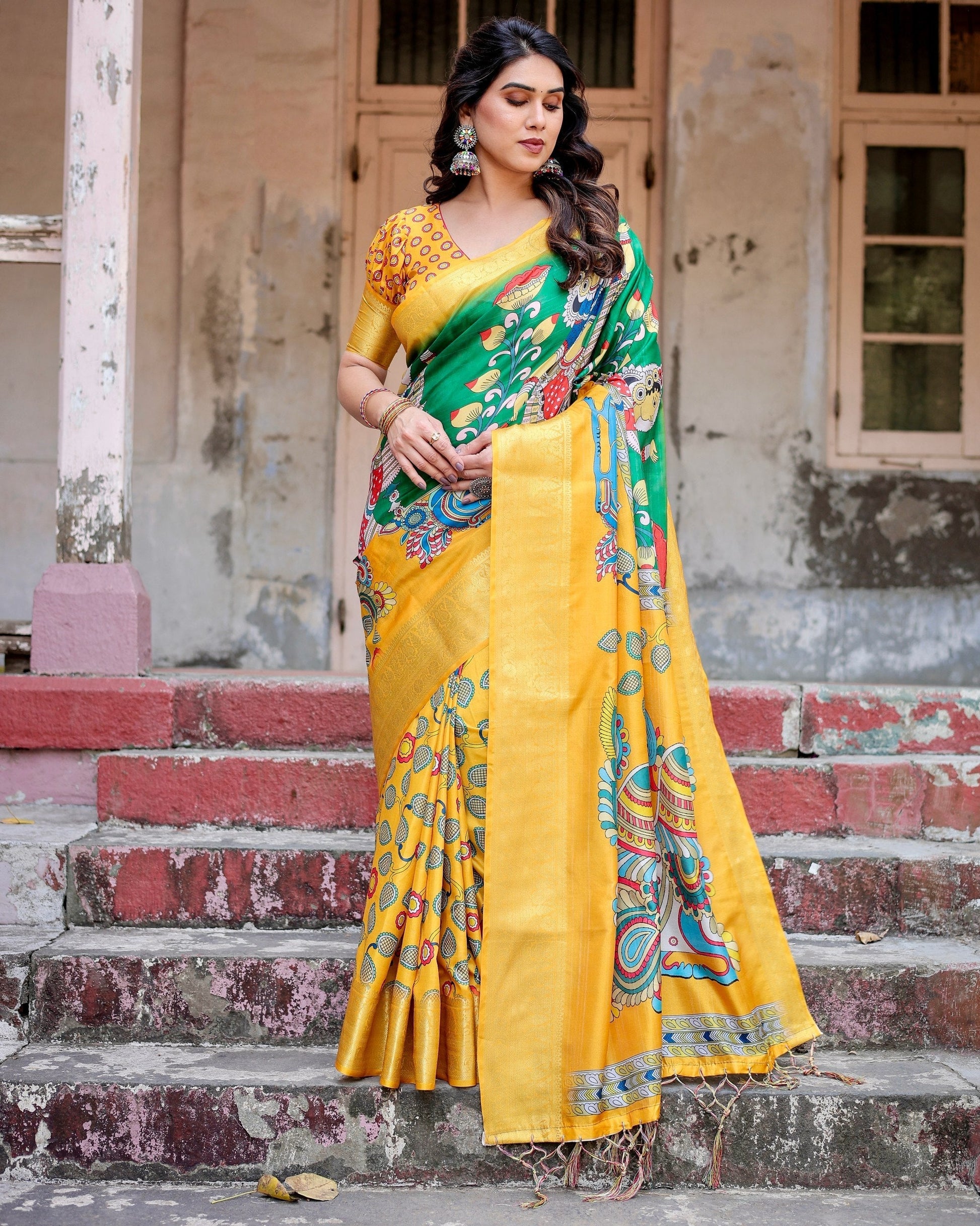 Green With Yellow Floral Printed Cotton Silk Saree