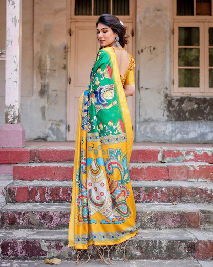 Green With Yellow Floral Printed Cotton Silk Saree