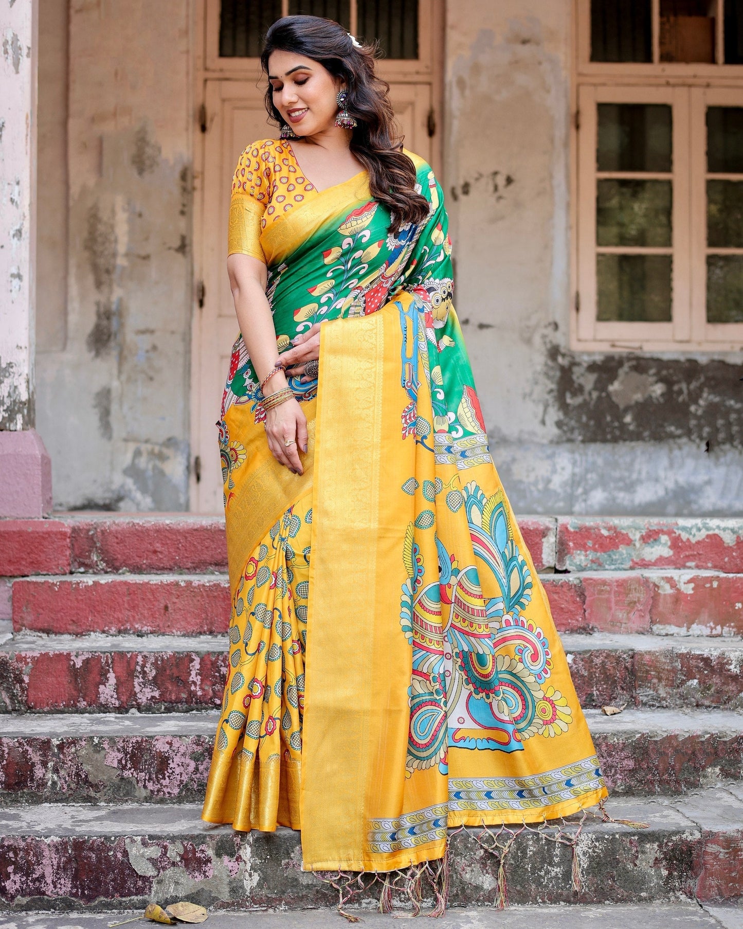 Green With Yellow Floral Printed Cotton Silk Saree