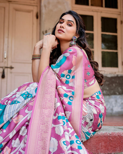 Baby Pink Floral Printed Cotton Silk Saree