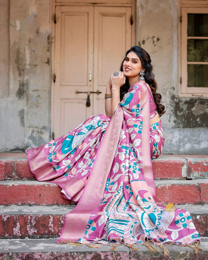 Baby Pink Floral Printed Cotton Silk Saree