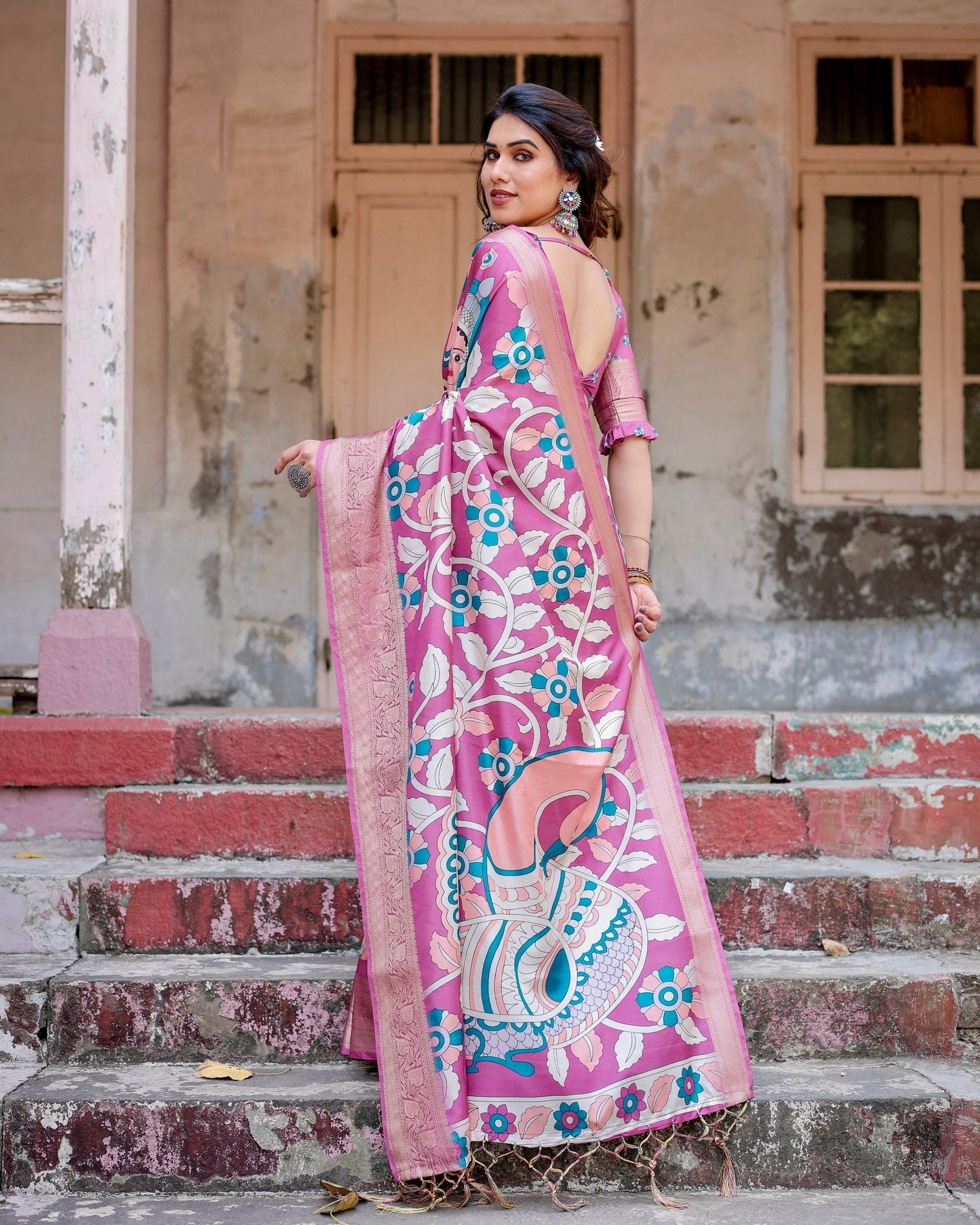 Baby Pink Floral Printed Cotton Silk Saree