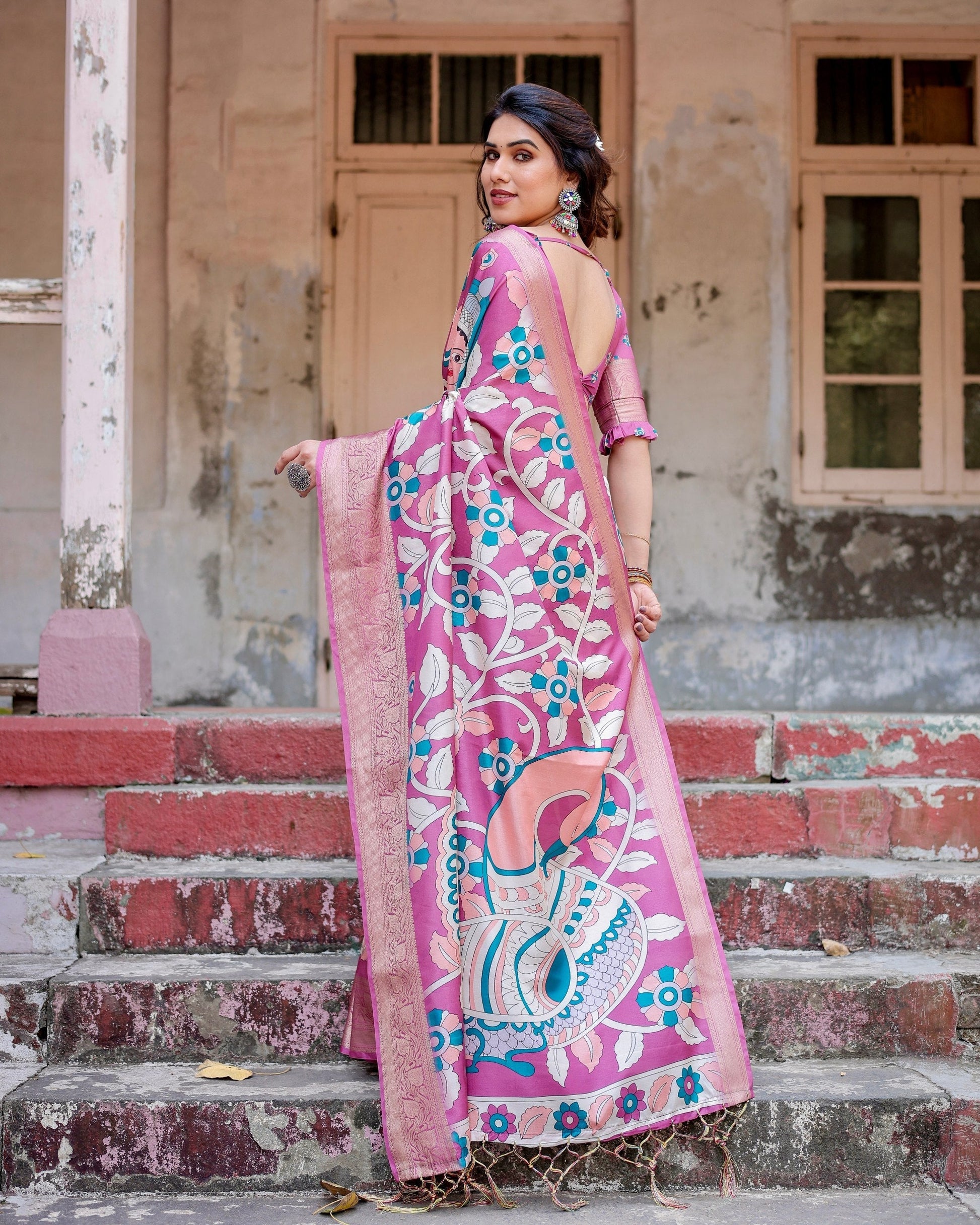 Baby Pink Floral Printed Cotton Silk Saree