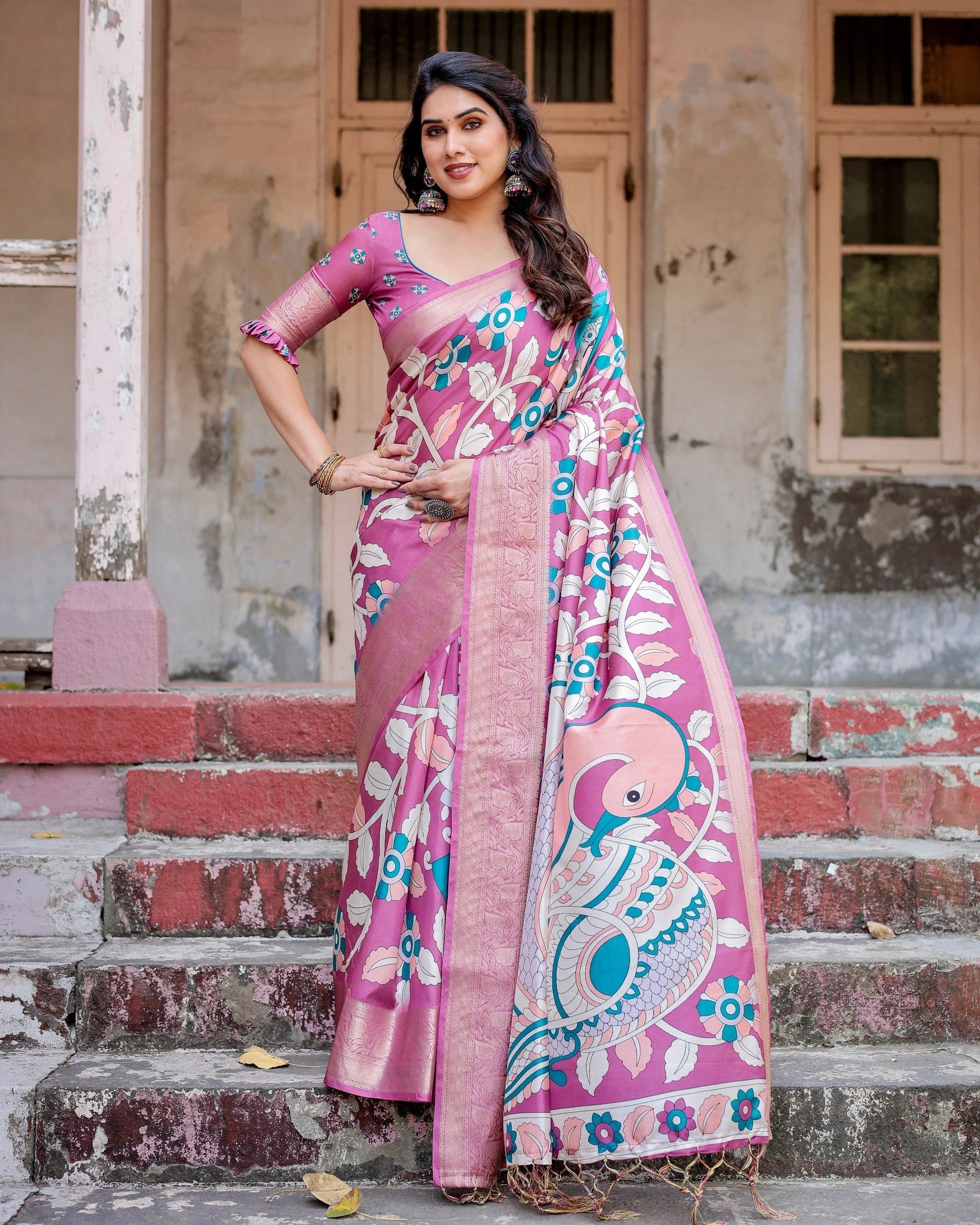 Baby Pink Floral Printed Cotton Silk Saree