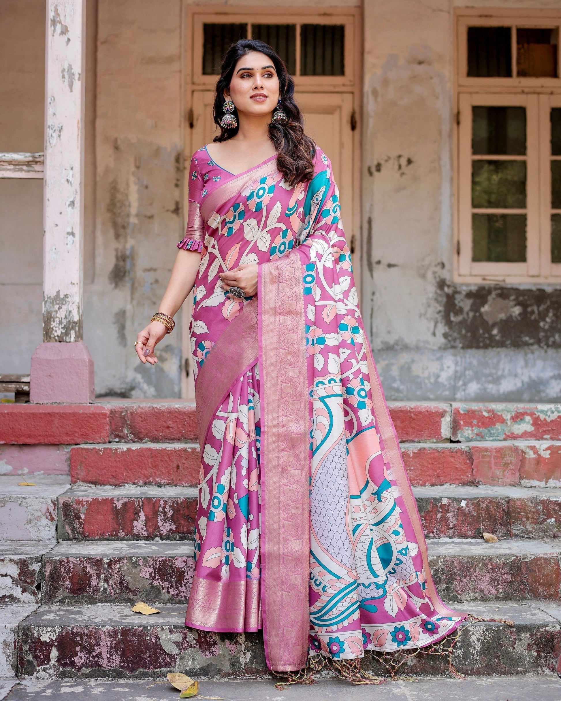 Baby Pink Floral Printed Cotton Silk Saree