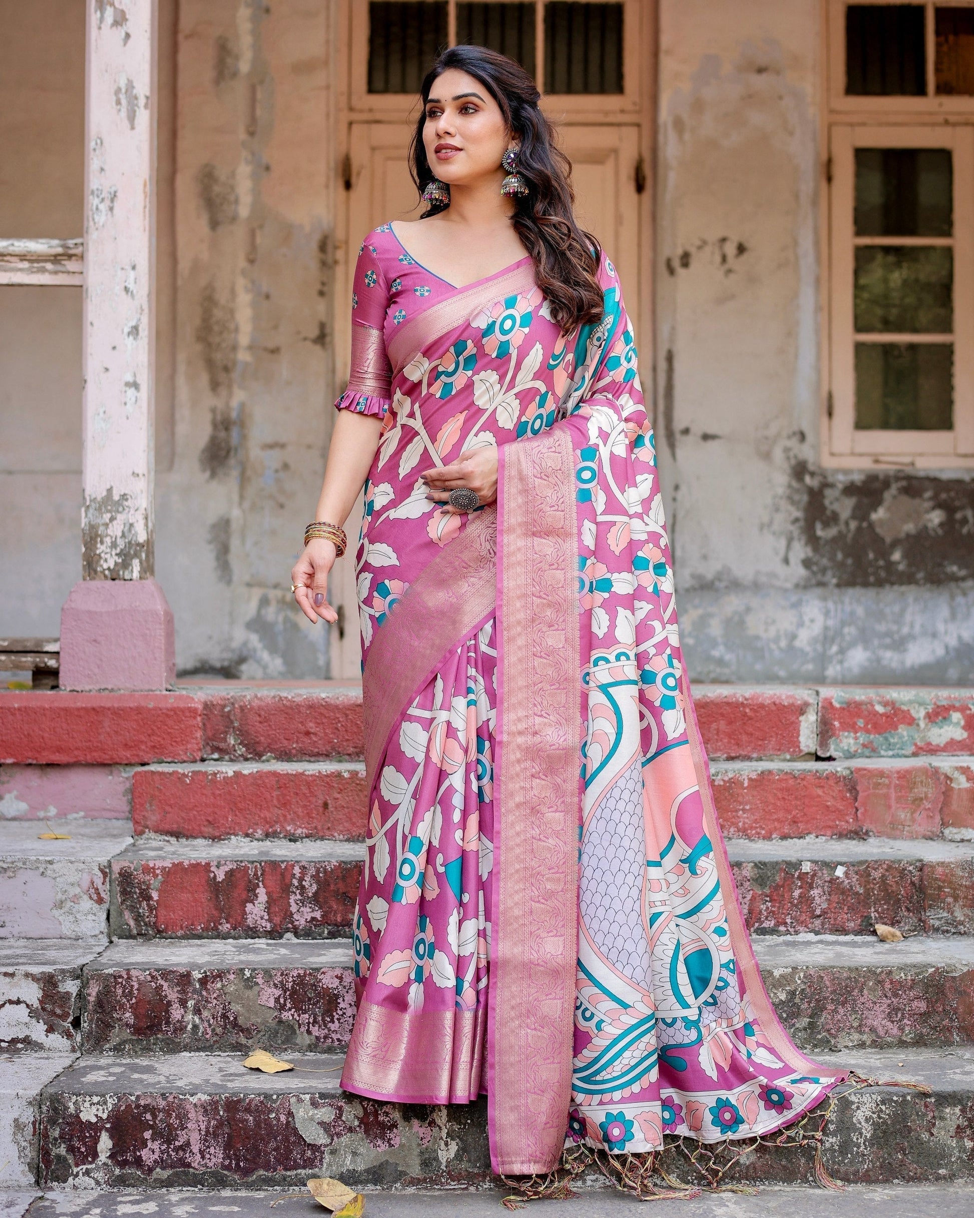 Baby Pink Floral Printed Cotton Silk Saree