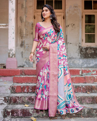 Baby Pink Floral Printed Cotton Silk Saree
