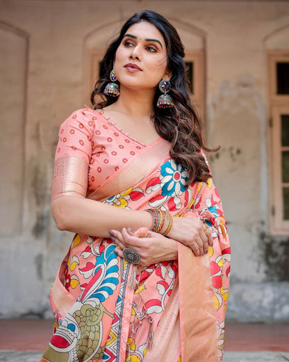 Orange Floral Printed Cotton Silk Saree