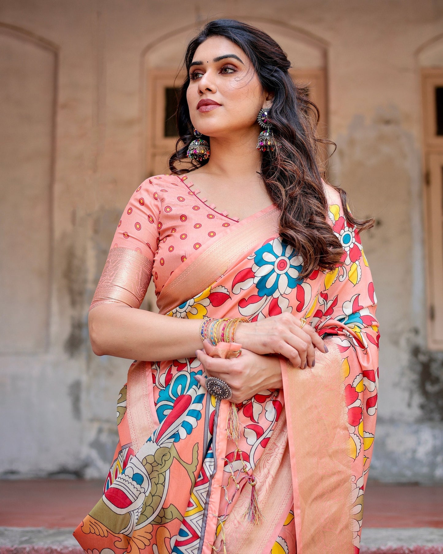 Orange Floral Printed Cotton Silk Saree