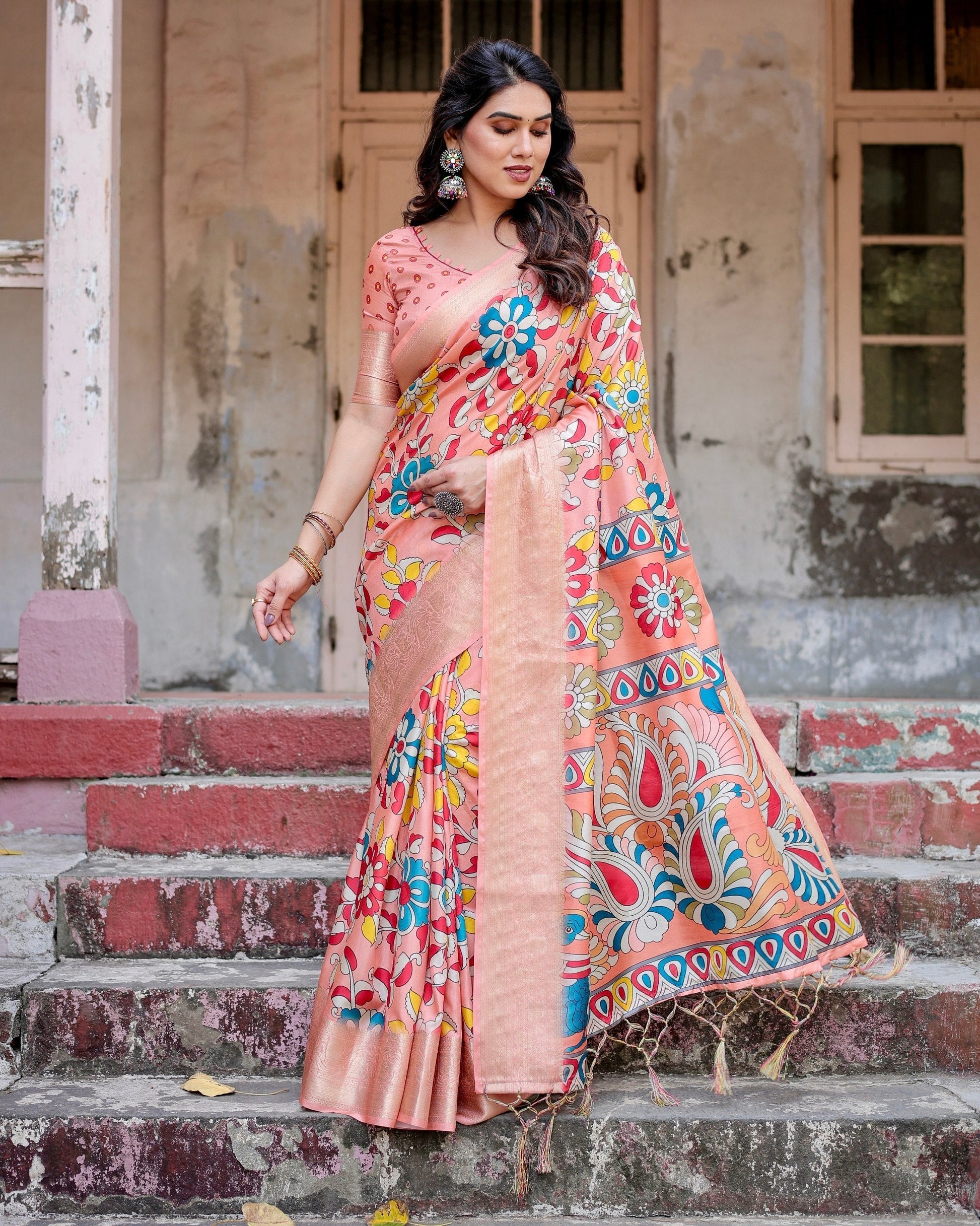 Orange Floral Printed Cotton Silk Saree