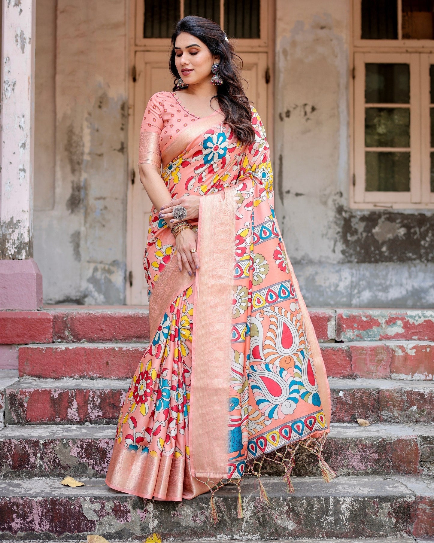 Orange Floral Printed Cotton Silk Saree