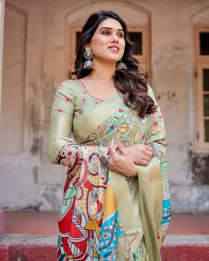 Light Green Floral Printed Cotton Silk Saree