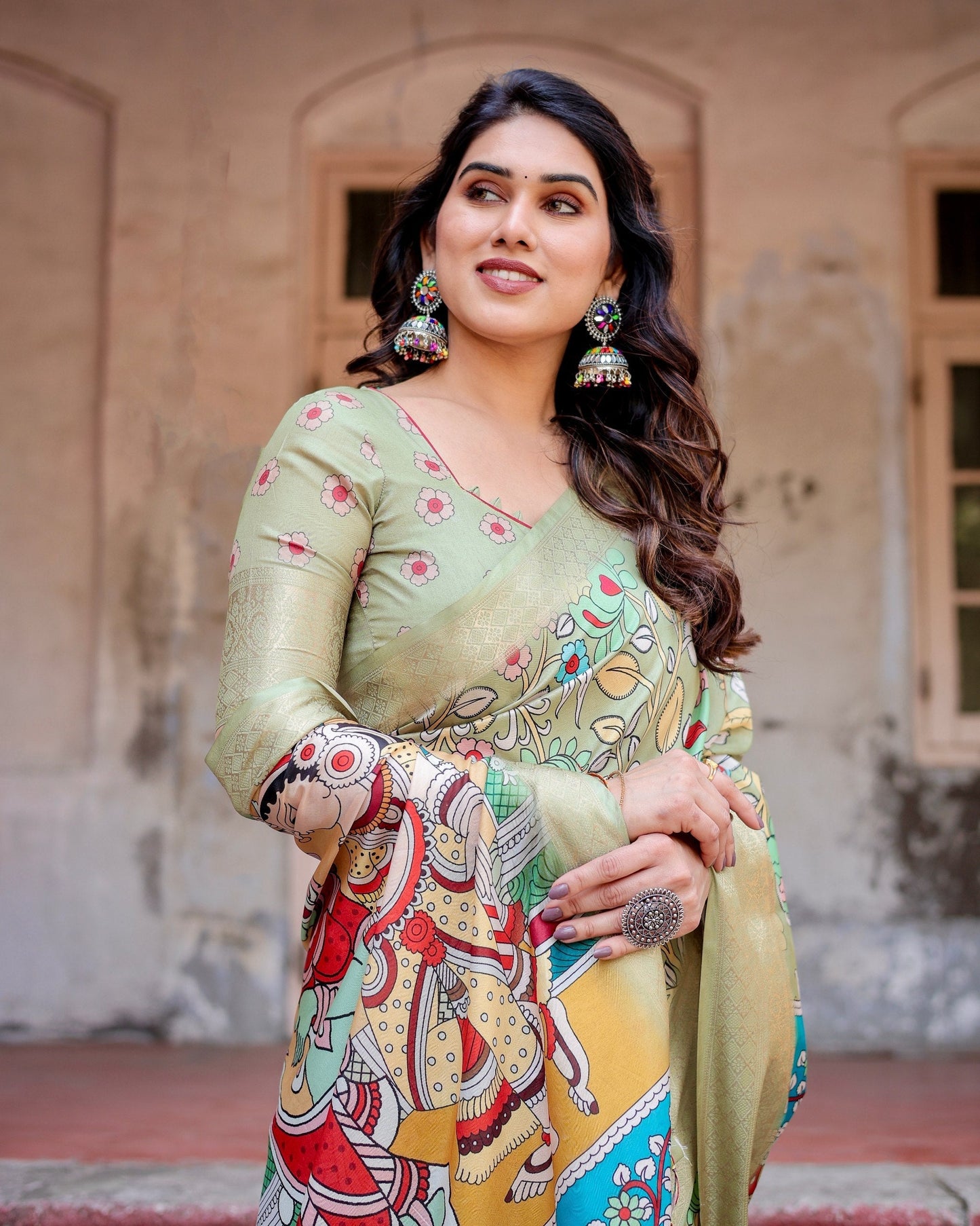 Light Green Floral Printed Cotton Silk Saree