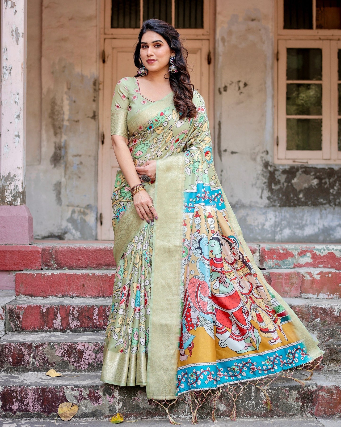 Light Green Floral Printed Cotton Silk Saree