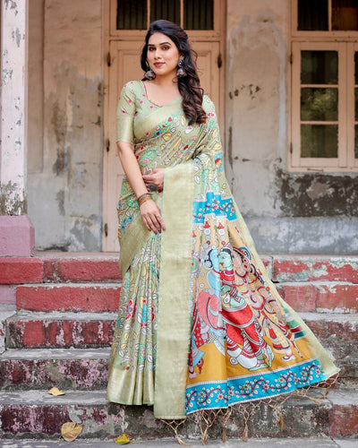 Light Green Floral Printed Cotton Silk Saree