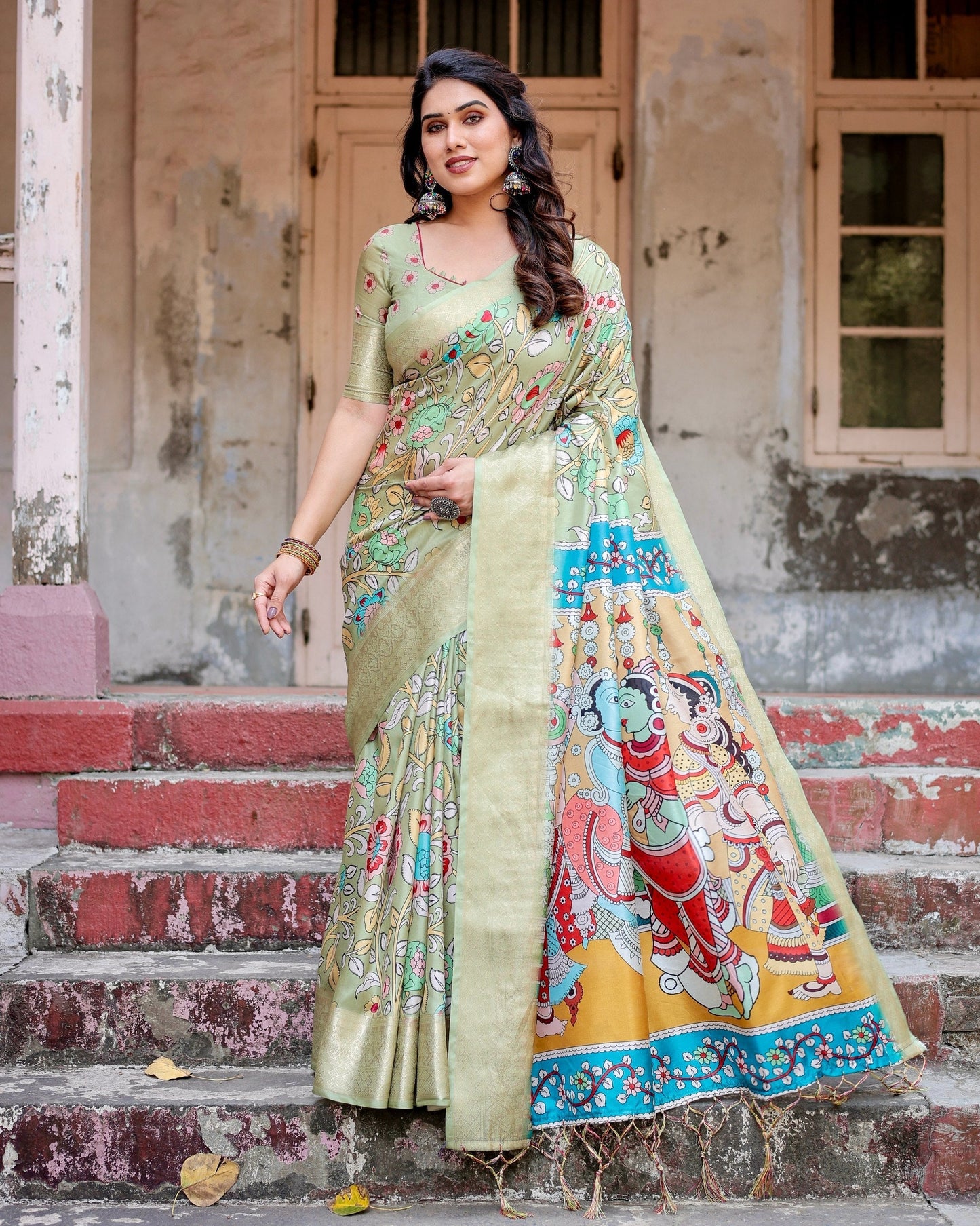 Light Green Floral Printed Cotton Silk Saree