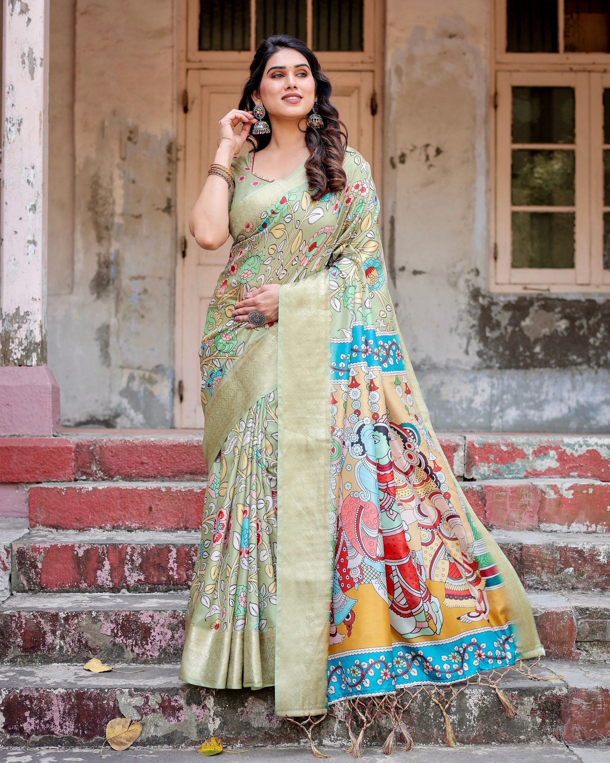 Light Green Floral Printed Cotton Silk Saree