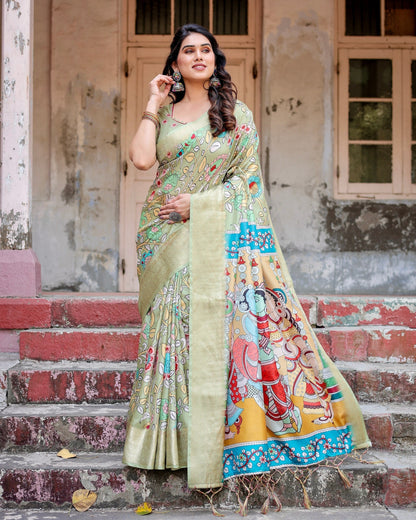 Light Green Floral Printed Cotton Silk Saree