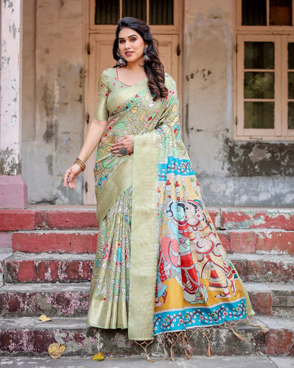 Light Green Floral Printed Cotton Silk Saree