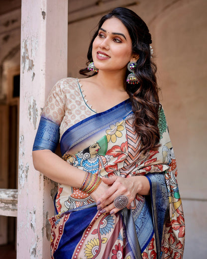 Cream With Blue  Floral Printed Cotton Silk Saree