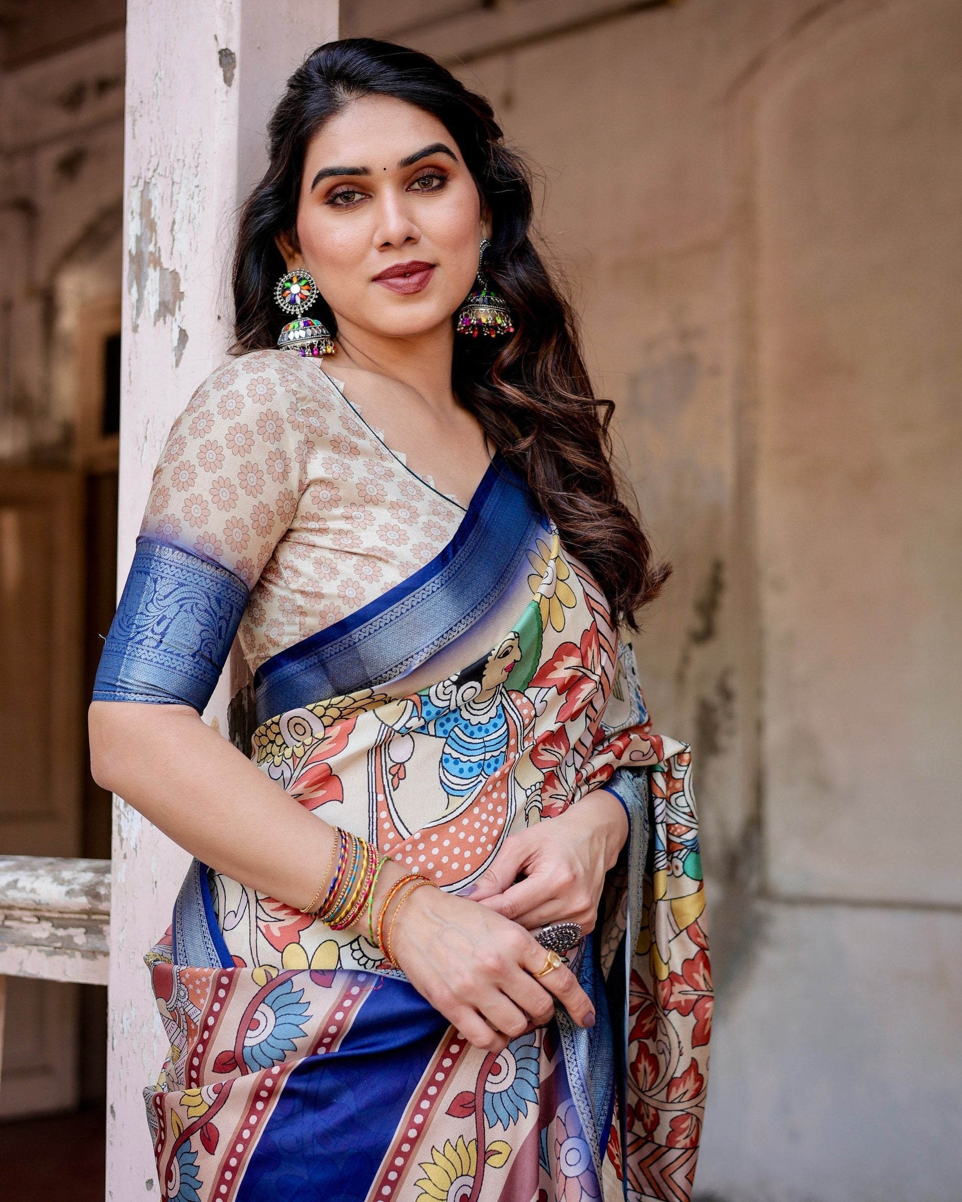 Cream With Blue  Floral Printed Cotton Silk Saree