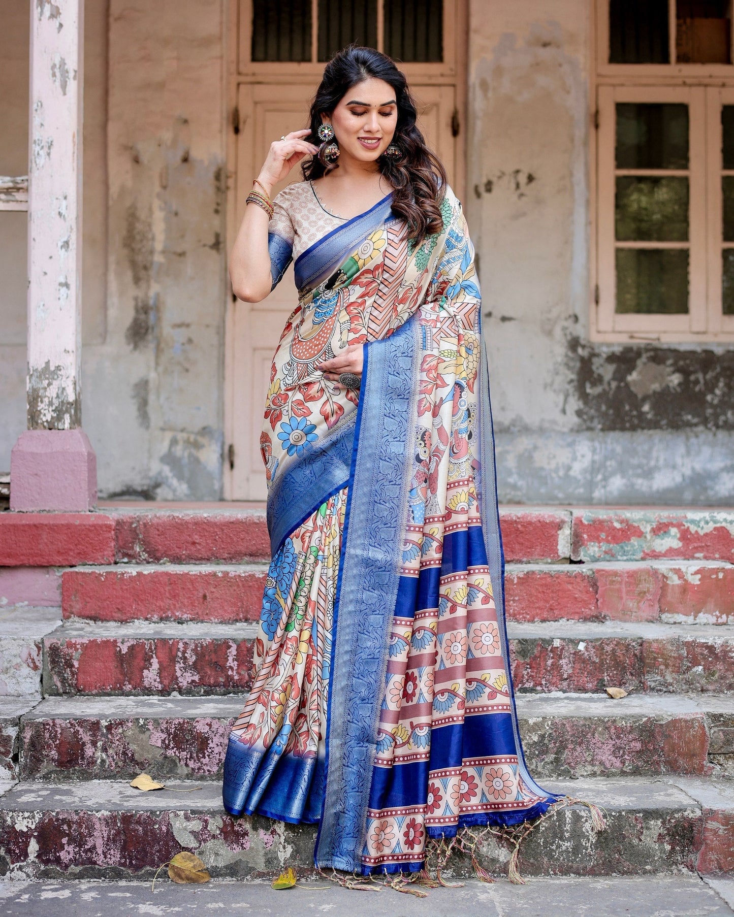 Cream With Blue  Floral Printed Cotton Silk Saree