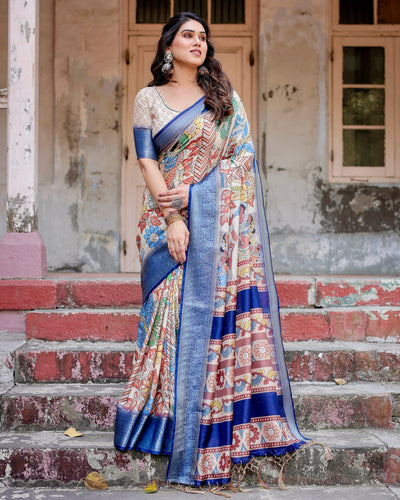 Cream With Blue  Floral Printed Cotton Silk Saree