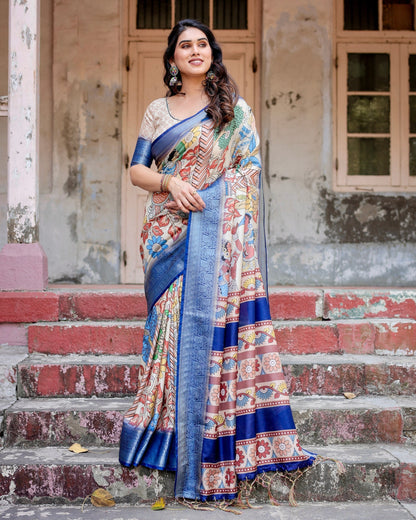 Cream With Blue  Floral Printed Cotton Silk Saree